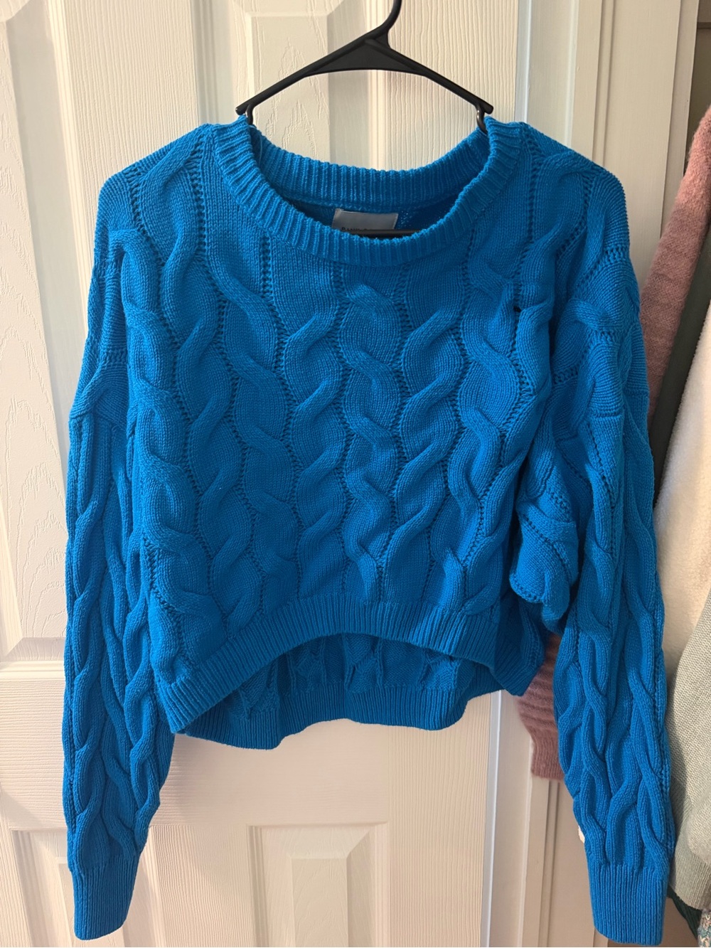 Pink Rose Bright Blue Cable-Knit Crewneck Sweater
